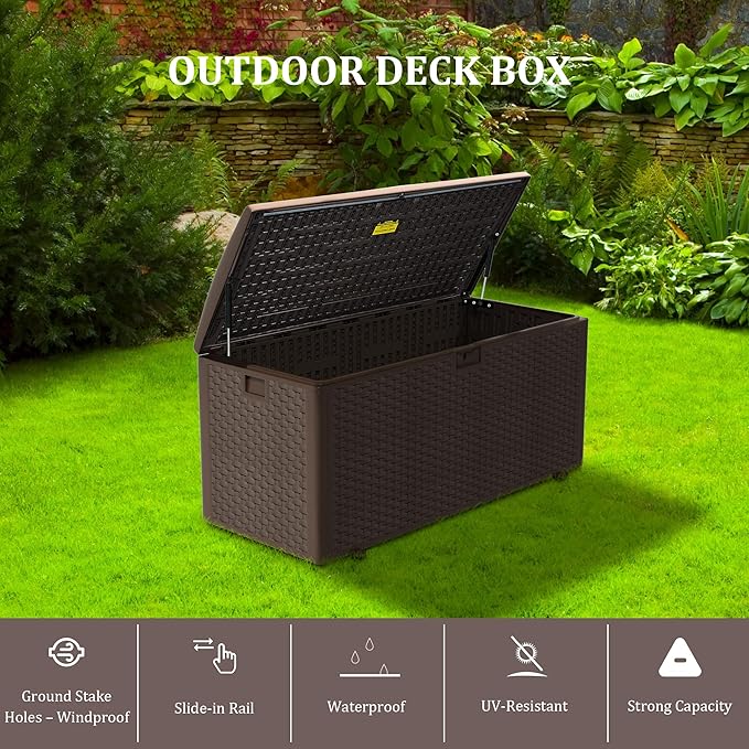 180 Gallon Pro Outdoor Storage Box Waterproof Lockable Resin Deck Box Large, Patio Storage Bin for Pool Accessories Cushion Furniture, Garden Tools, UV-Resistant Outside Delivery Brown