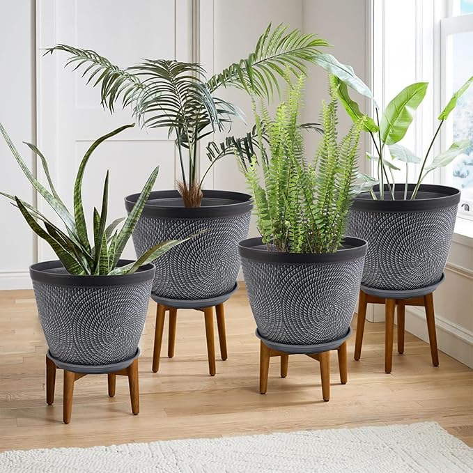 Quarut Large 12 Inch Plant Pot for Plants Outdoor Indoor, 4 Pack Plastic Flower Pots with Drainage Hole & Saucer, Modern Decorative Garden Pot with Saucer, Plant Container for House（Gray）