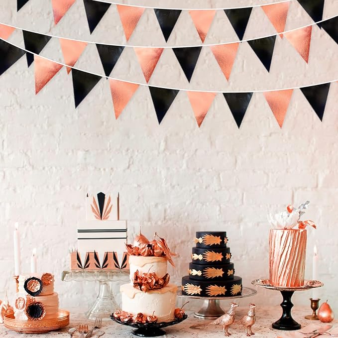 Black Rose Gold Party Decorations Triangle Pennant Banner Flag Rose Gold Black Metallic Fabric Bunting Garland for Graduation Birthday Wedding Engagement Bachelorette Celebration Hen Party Supplies