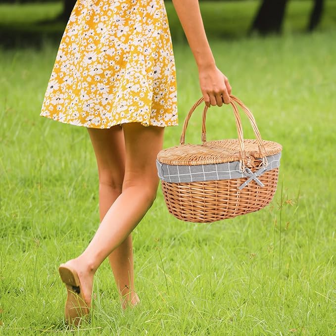 Happypicnic Wicker Picnic Basket with Handle, 15" Large Empty Picnic Basket with Lid & Removable Liner, Vintage Hand Woven Basket for Picnics, Camping, Veg Picking, Mother's Day, Thanksgiving (Check)