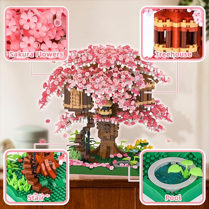 Cherry Blossom Bonsai Tree Mini Micro Building Set, Japanese Sakura Tree House Model Sets for Adults, Flowers House Mini Bricks Building Kit, Creative Gift Toys for Kids 12-14 (2028PCS)