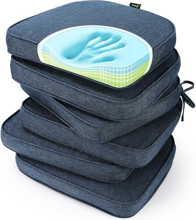 SUNROX Gel Memory Foam Chair Cushions, FadeShield Water-, Stain-Resistant Durable Reversible Seat Cushion Pads with Ties for Indoor/Outdoor Kitchen Dining Office, 17"x16", Set of 6, Heather Indigo