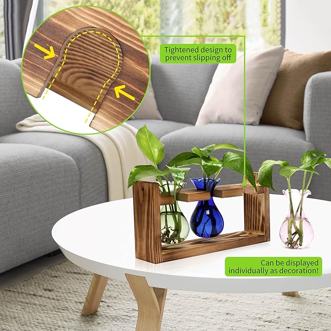 Plant Propagation Station Plant Terrarium Unique Birthday Gifts for Women Plant Lovers Home Office Decor Planter with Wooden Stand - 3 Bulb Glass Vase