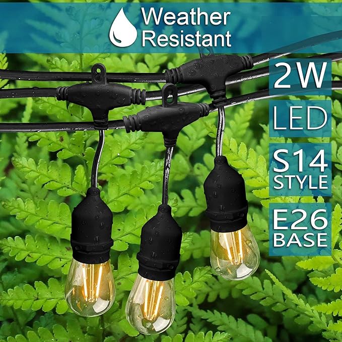 Banord Outdoor String Lights, 48FT Waterproof Patio Lights with 2W Dimmable LED Bulbs, for Outdoor Backyard, Garden, Deck, Porch, Gazebo, Balcony, Camping, Party