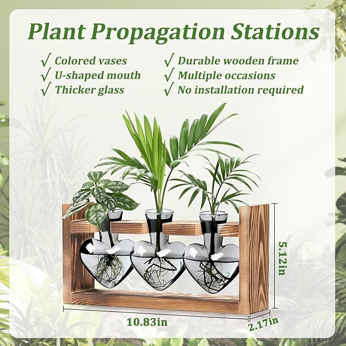 Lifecapido Heart Shaped Propagation Stations, Plant Terrarium with Wooden Stand, Plant Propagation Station for Hydroponics Plants Office Garden Home Decor, Gifts for Women Plant Lover (3 Vases, Gray)