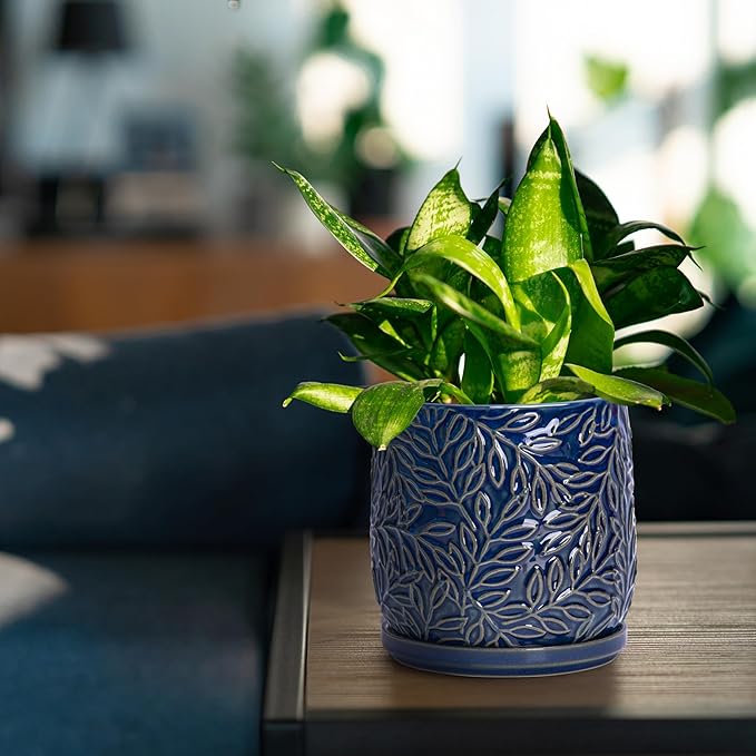 D'vine Dev 5 Inch Embossed Leaves Stoneware Planter Pot with Drainage Hole and Saucer, Midnight Blue, 27-A-V-3