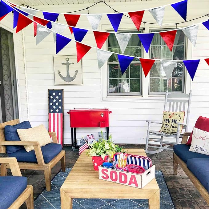Red Blue Silver Party Decorations Metallic Fabric Triangle Pennant Banner Flag Bunting Garland for Graduations 4th of July American USA National Day Patriotic Veterans Birthday Outdoor Party Supplies