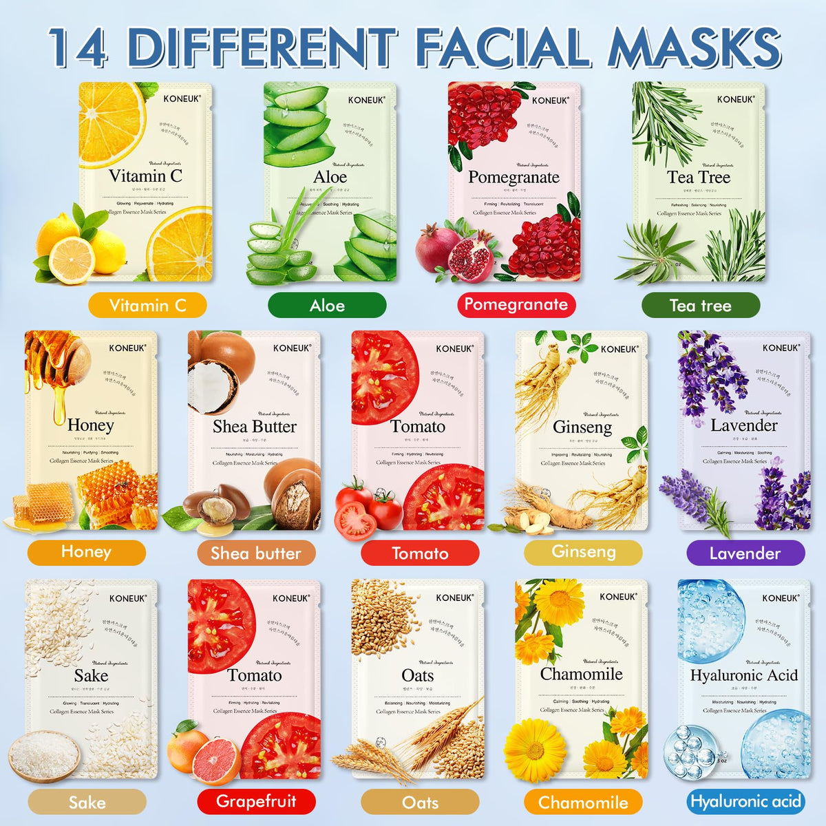 KONEUK 14 Pack Sheet Face Masks Skincare, Hydrating Face Masks for Dry Skin