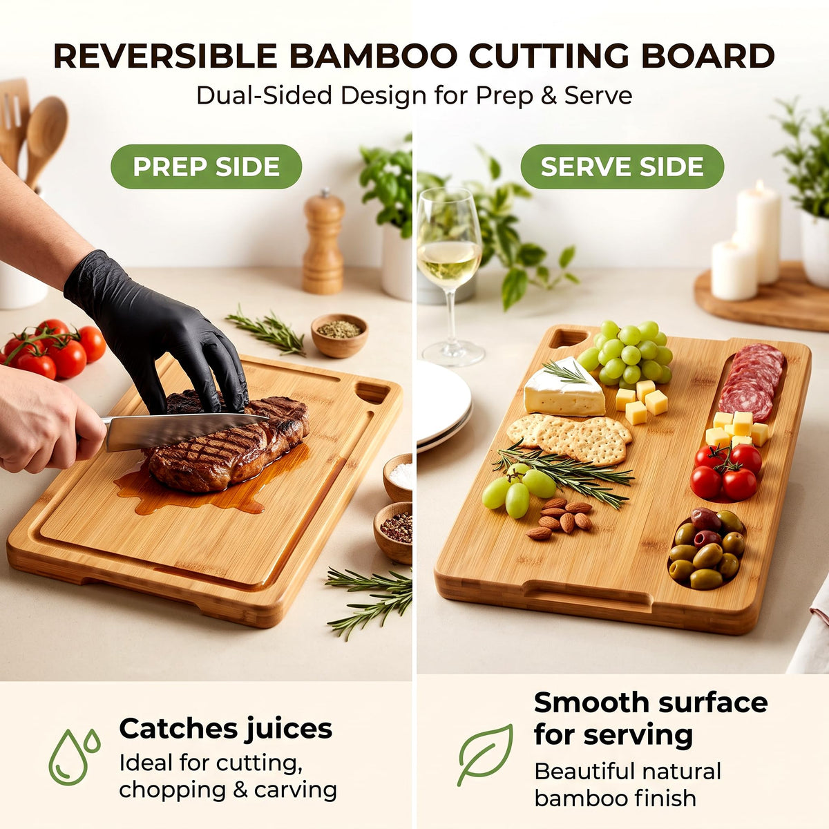 3-Piece Bamboo Cutting Board Set with Holder, Juice Groove for Kitchen Prep