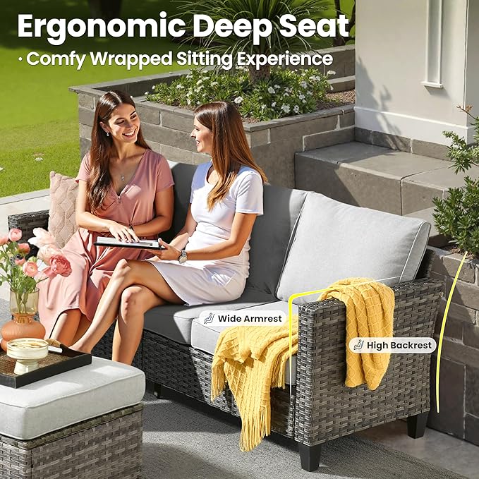 ovios 7 Pieces Patio Furniture Set with 54" Fire Pit Table, Outdoor Wicker Sofa with Comfy Cushions, All Weather High Back Rattan Couch Conversation Set, Grey