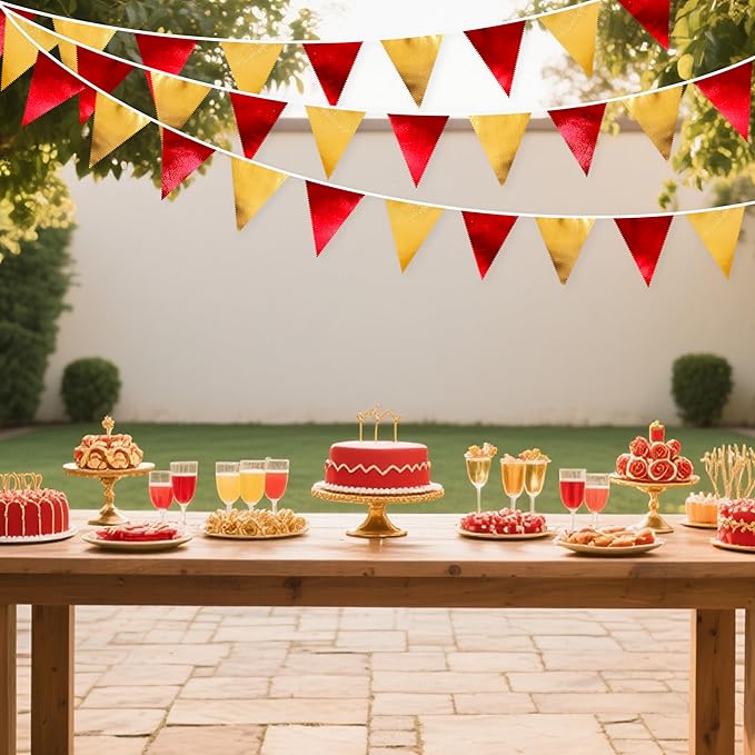 Red Gold Party Decorations Metallic Fabric Triangle Pennant Banner Flag Bunting Garland for Graduation Birthday Wedding Bachelorette Anniversary Baby Shower Christmas Holiday New Year Party Supplies