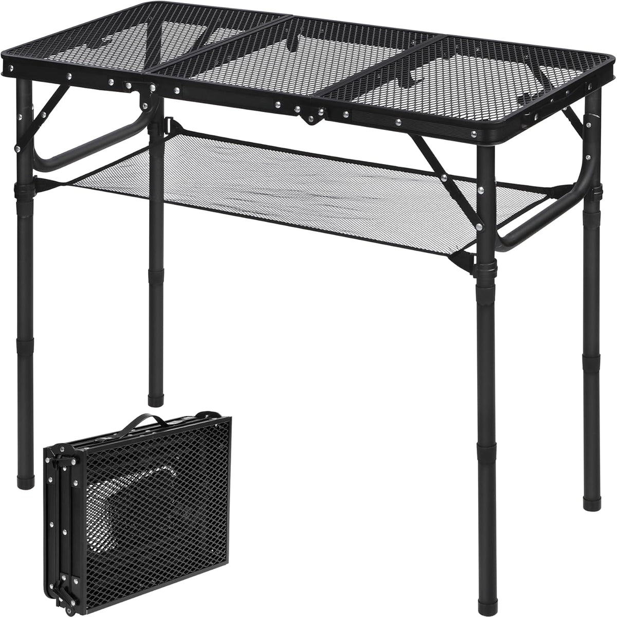REDCAMP Small Triple fold Folding Grill Table for Outside, 3 Heights Adjustable Lightweight Portable Metal Aluminum Frame Outdoor Table for Camping Picnic Cooking BBQ, Black, 34x16 inches