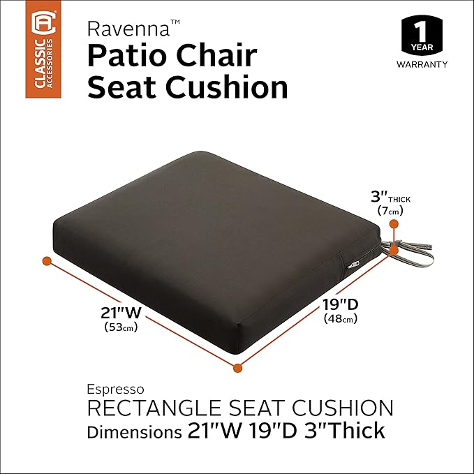 Classic Accessories Ravenna Water-Resistant 21 x 19 x 3 Inch Patio Seat Cushion, Espresso, Chair Seat Cushion