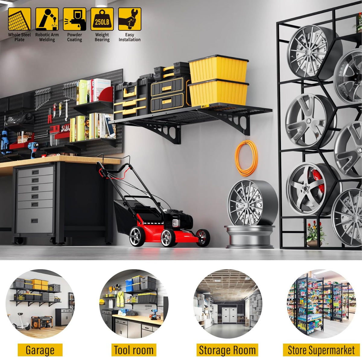 1.64x4ft Adjustable Rail Wall Garage Storage Shelf, for Tool Room, Storage Room, Store Supermarket Wall Storage Shelving Rack (1 Pack-Black)
