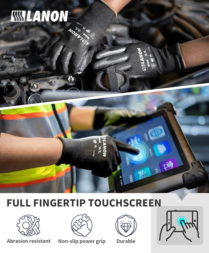 LANON Safety Work Gloves for Men and Women, 18 Pairs Mechanic Black Working Gloves with Grip Odorless PU Coated, Seamless Knit, Full Fingertip Touchscreen for Light Duty Working Gloves, Medium