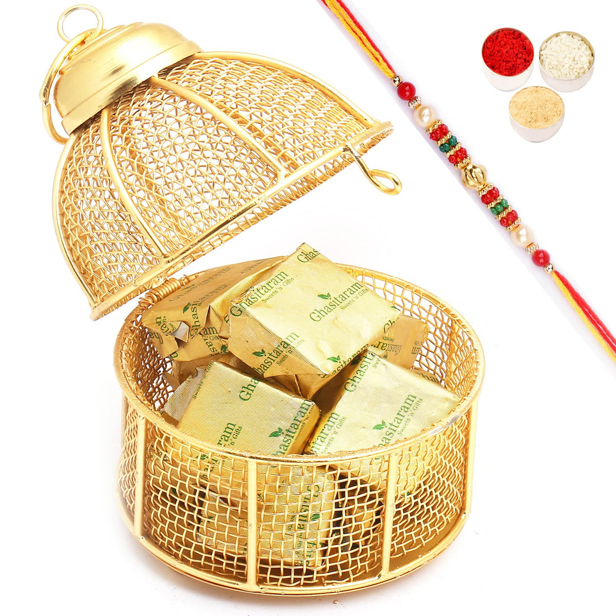 Ghasitaram Gifts Rakhi Gifts for Brothers Rakhi Sweets - Golden Cage with MEWA Bites with Pearl Beads Rakhi