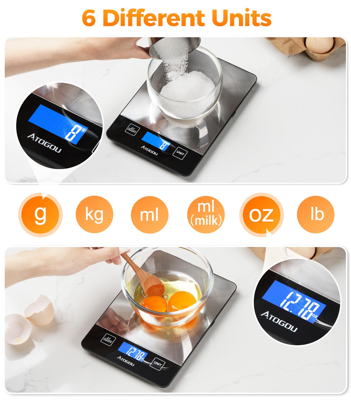 Atogou Food Scale Rechargeable - 33lb Digital Kitchen Scale Ounces Grams