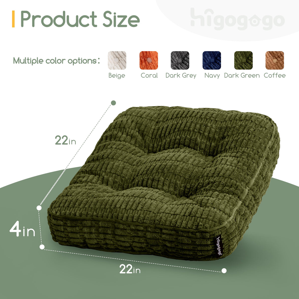HIGOGOGO Floor Pillow Cushion for Adults, Meditation Cushion Pillow, Blended Corduroy Cover, Large Square Floor Sitting for Tatami Living Room or Yoga, 2Pack, Dark Green