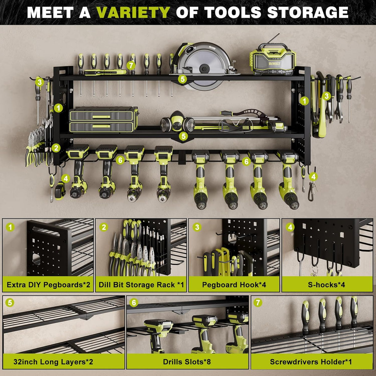 Power Tool Organizer Wall Mount,Cordless Drill Hanger Storage Rack 8 Drill Holder,3 Layers Heavy Duty Power Tool Storage Rack (Black)