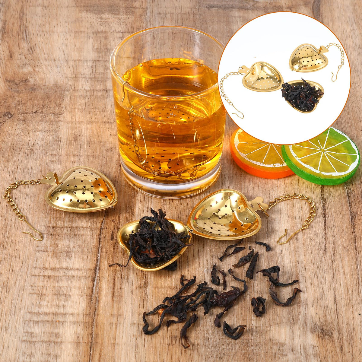 50pcs Heart Shaped Tea Strainers for Loose Tea Filter, Stainless Steel Tea Strainer Ball Infuser Tea Steeper Mesh Filters with Extended Chain Chain Hook for tea party Seasonings Cup Bottle(Gold)