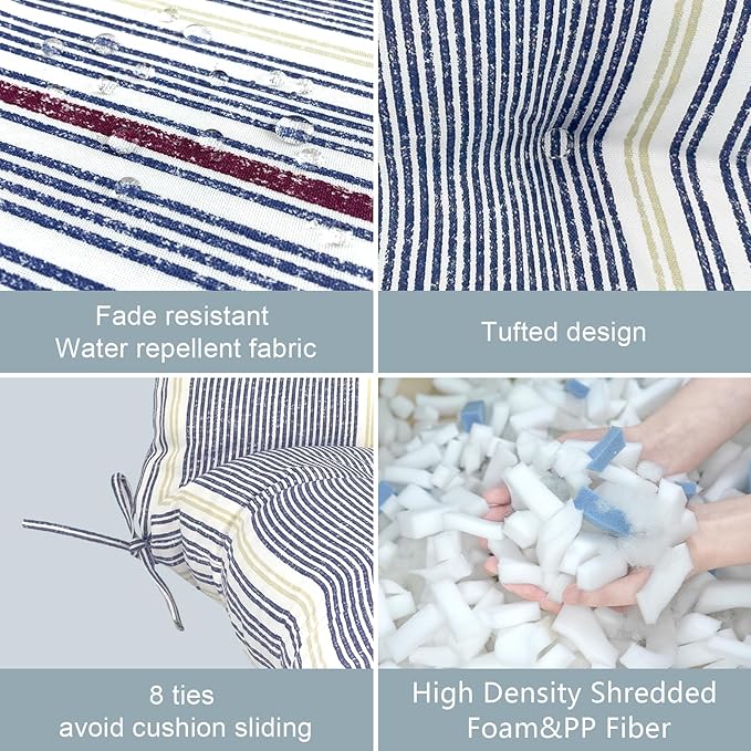 LVTXIII Outdoor Tufted High Back Cushions Set of 2 Patio Seasonal Replacement Rocking Chair Cushion with Ties, Solid Seat and Back Chair Cushion, (44” L x 22W”, Stripe Denim Blue)
