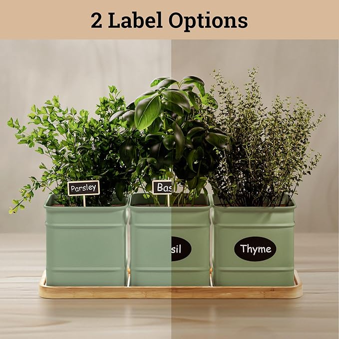 Herb Planter Indoor - 3 Iron Herb Pots with Drainage Holes, Varnished Bamboo Tray, Customizable Labels & Marker Pen - Indoor Herb Garden Planter - 3 Pots for Herbs - Inside Spice Garden - Basil Pot
