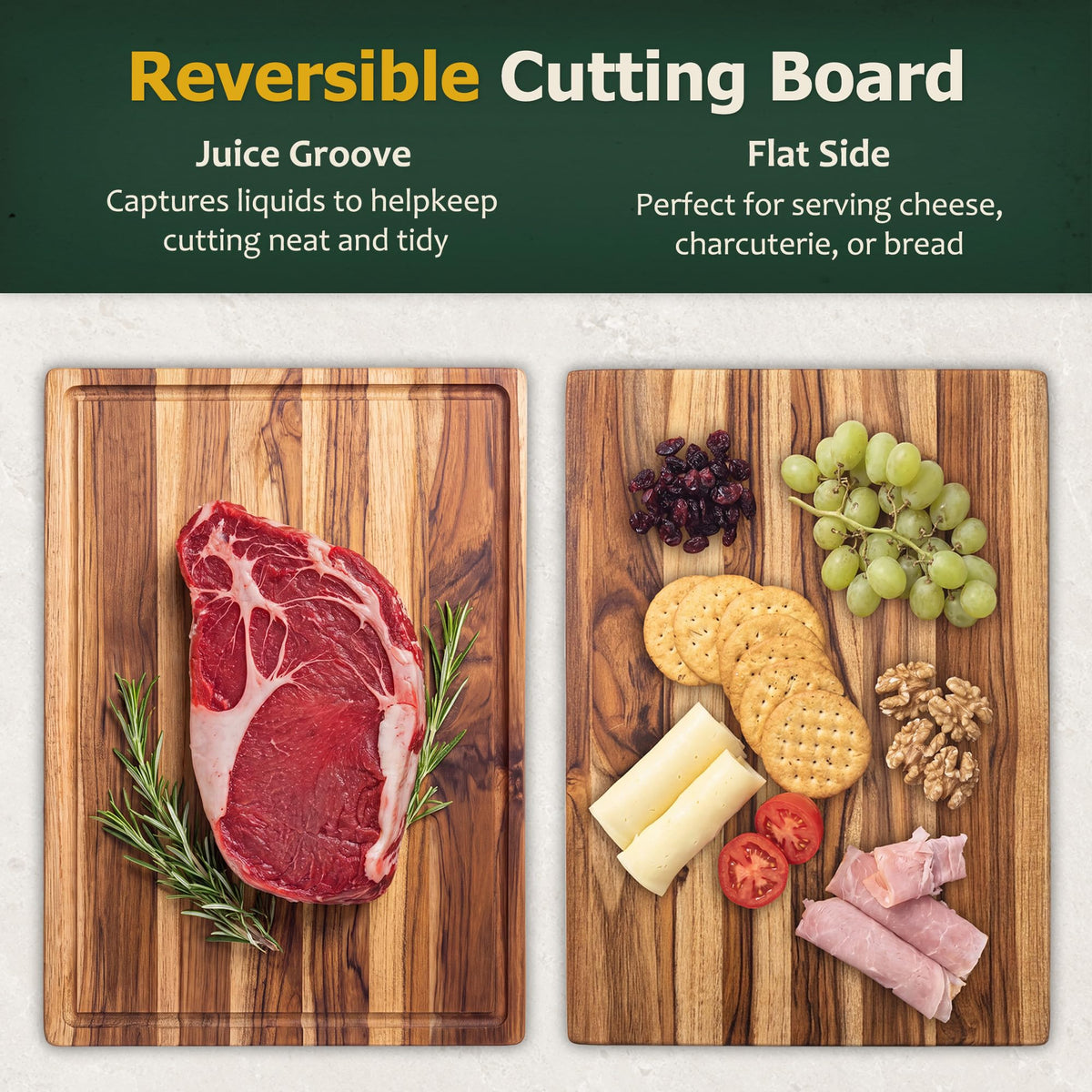 Large Teak Wooden Cutting Boards for Kitchen, Solid Wood Cutting Board Set - Charcuterie & Chopping Butcher Block for Meat - Kitchen Gadgets Gift