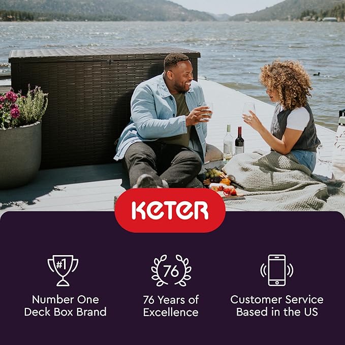 Keter Java XXL 230 Gallon Resin Rattan Look Large Outdoor Storage Deck Box for Patio Furniture Cushions, Pool Toys, and Garden Tools, Dark Grey