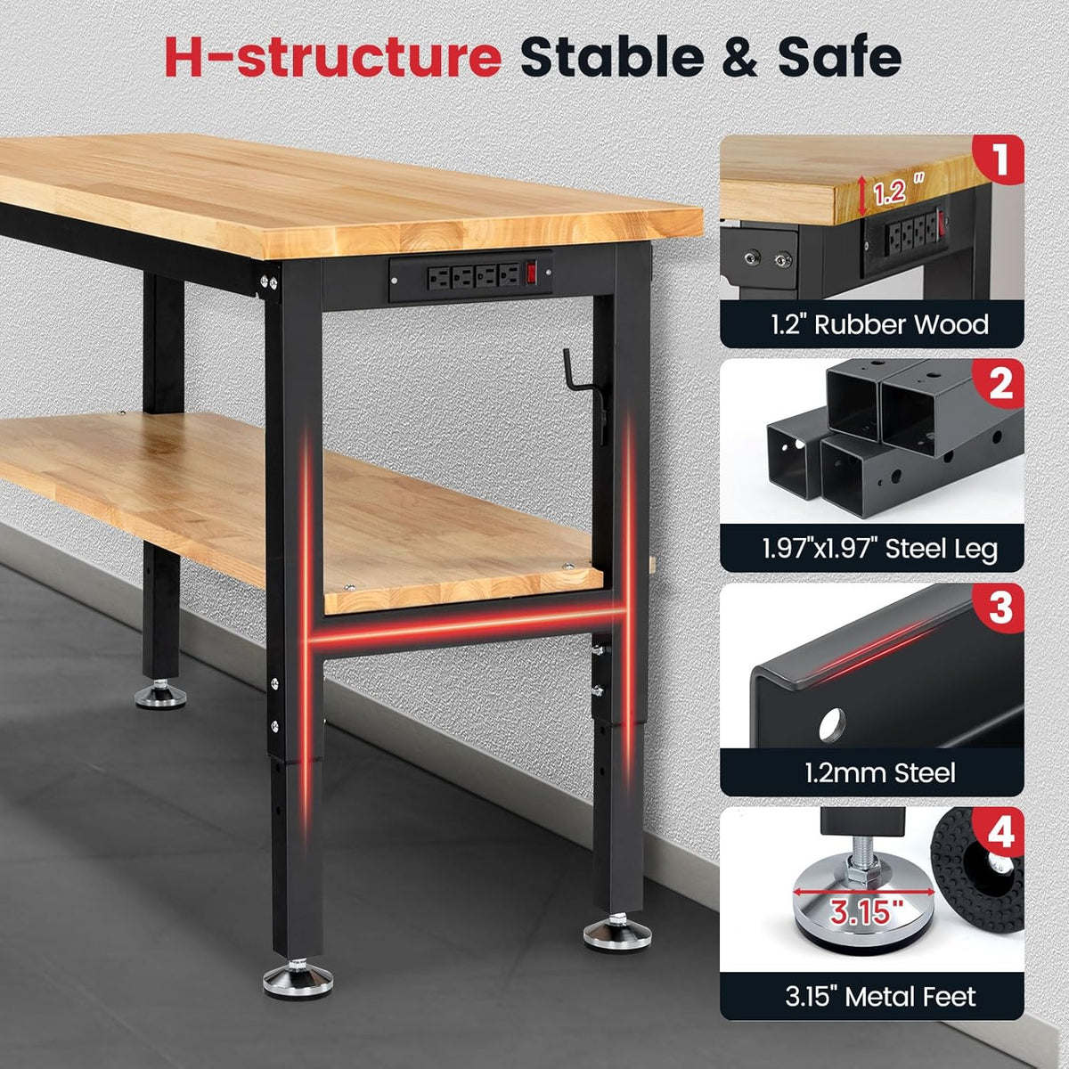 Work Table for Garage 60 x 22 Inch Adjustable Height Workbench Heavy Duty Rubberwood Tabletop Work Bench with Power Outlets Pegboard Pad for Woodworking Shop, Home, Office