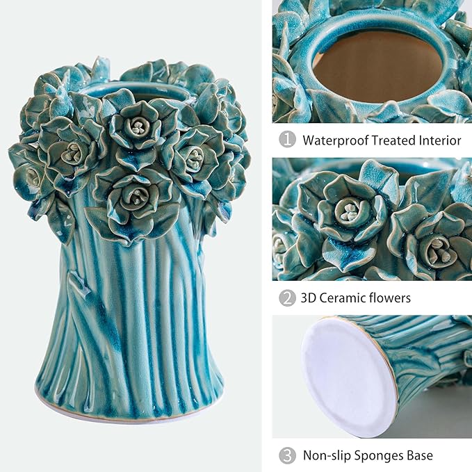 Handmade Blue Ceramic Vase with 3D Flowers, Blue Bud Wedding Bouquets Vases for Centerpieces, Vintage Floral Vase for Home Cottage Core Decor, Decorative Vases for Living Room, Housewarming Gift 6.6In