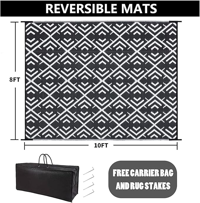 RV Outdoor Rug Waterproof Mat Outdoor Rugs 9'x12' for Patios Clearance Carpet Outdoor Camping Rugs Large Plastic Straw Rug(8x10ft Geometric Black&White)