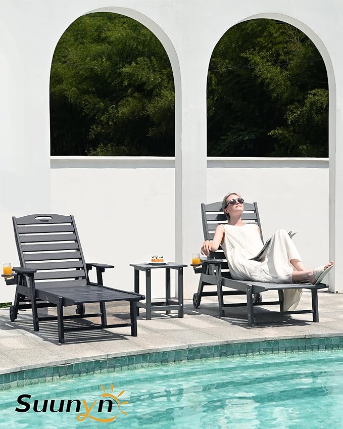 Lounge Chair Outdoor, Chaise Lounge Chair Outdoor, HDPE 6-Position Lounge Chair for Outside, Patio Lounge Chair with Wheels & Cup Holder for Pool Poolside Deck Backyard, Grey