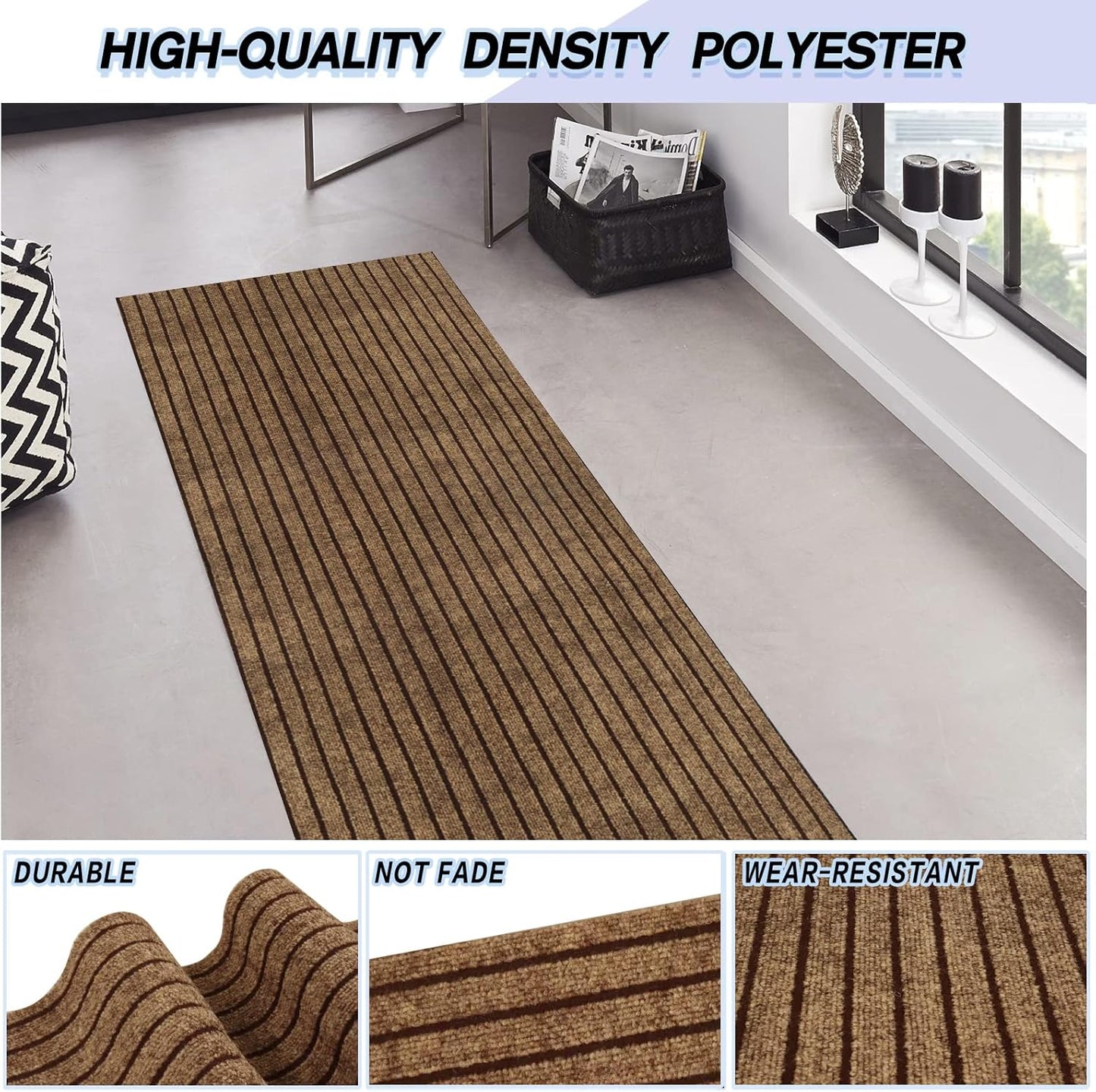 Custom Size Backed Non-Slip Area Rugs Runner, Easy Clean, Waterproof Runner Rugs for Hallway Entryway, Kitchen, Laundry, 4FT x 25FT, Brown Stripe
