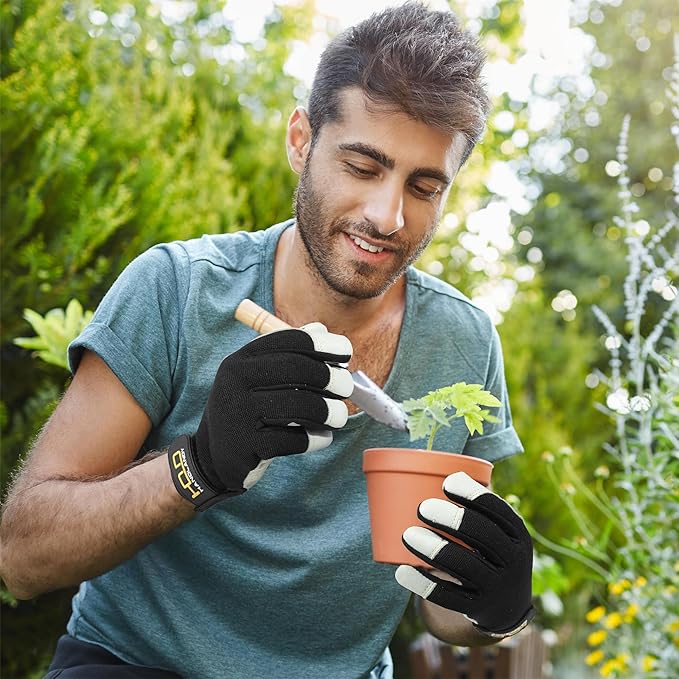 HLDD HANDLANDY Leather Work Gloves for Men & Women, Adjustable Wrist Cowhide Gardening Glove with Reinforced Palm for Driver