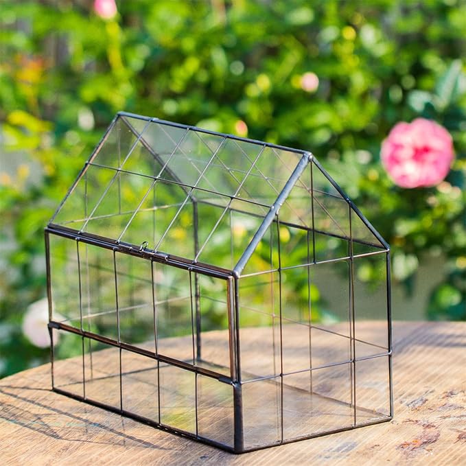 NCYP Geometric Glass Terrarium with Front Opening Door, House Shape Closed Micro Landscape Planter Box for Small Succulent, Cacti - Home Indoor Tabletop Decor, Handmade, Black (No Plants)