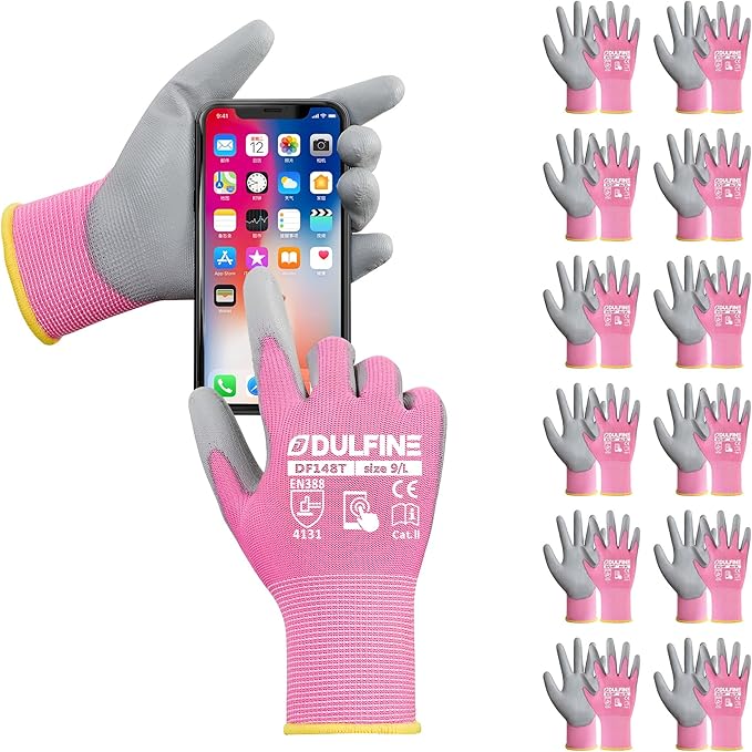 DULFINE Work Gloves for Men PU Coated 12 Pairs Bulk Pack,Pink Seamless Knit Glove with thin Polyurethane,Two Finger Touchscreen, for Men and Women, Ideal for Light Duty Work. (Small)