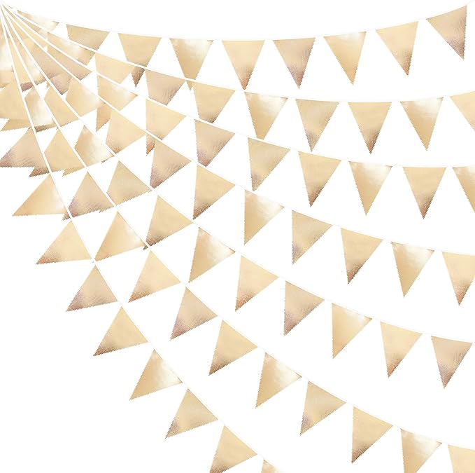 Champagne Gold Party Decoration Metallic Fabric Triangle Pennant Banner Flag Bunting Garland for Birthday Engagement Bridal Shower Wedding Anniversary Graduation Bachelorette Party Decoration Supplies
