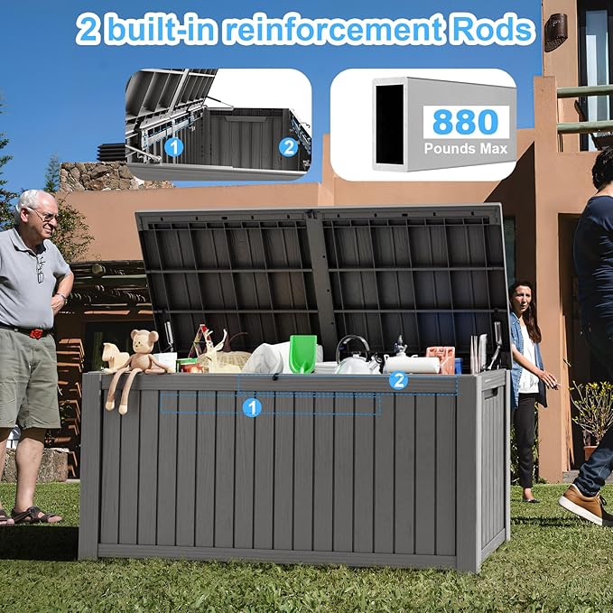180 Gallon Deck Box,Resin Outdoor Storage Box with Lockable for Patio Furniture, Pool Accessories, Garden Tools Waterproof Outside Storage Box, Grey