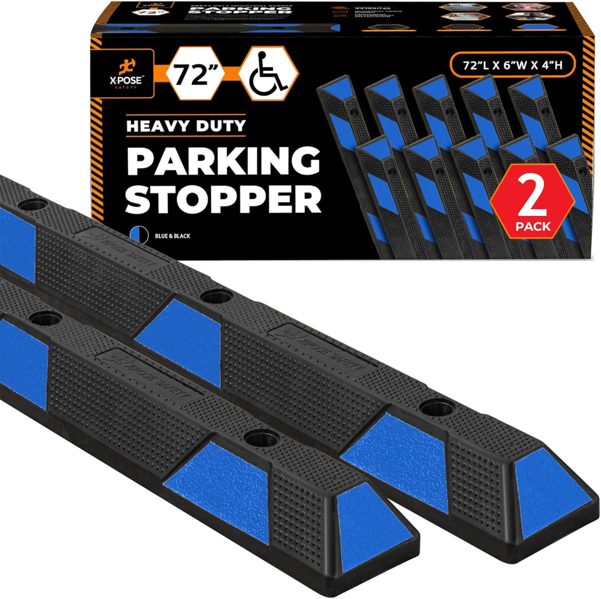 Xpose Safety 72" Heavy Duty Rubber Parking Stopper – 2 Pack Wheel Blocks for Garage, Driveway, or Ramp – Car Bumper Stop with Blue Reflective Strips – Removable Floor Mount