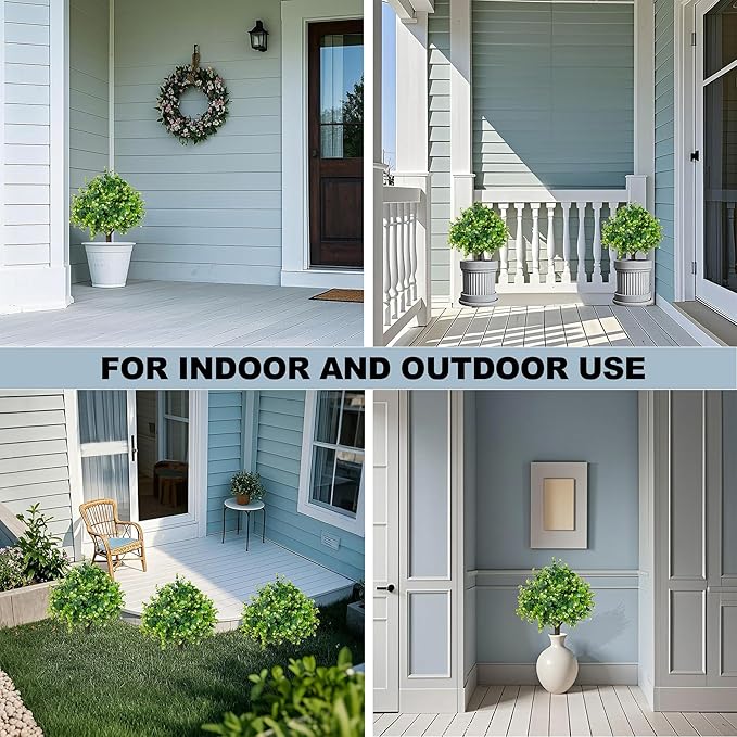 Artificial Boxwood Topiary Ball Trees 21.6" Tall UV Resistant Artificial Bushes, Set of 2 Faux Plants with Spike Easy to Push in The Ground for Indoor Outdoor Garden