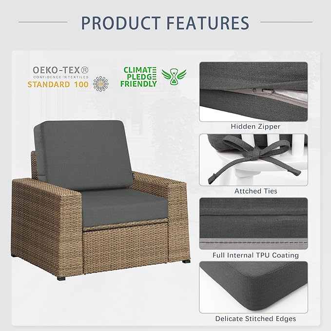 Favoyard Outdoor Deep Seat Cushion Set, 22 x 22 Inch Rainproof & 3-Year Fade Resistant Patio Furniture Cushions, Removable Seat Bottom & Back Cushion covers with Ties for Chair, Sofa, Couch, Dark Grey