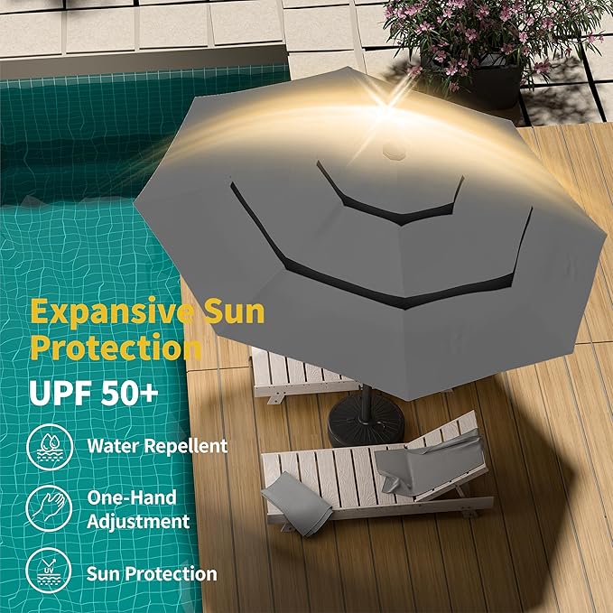 Kingdura 9ft 3-Tier Patio Umbrella, Outdoor Table Umbrella with Easy Crank & Tilt, 8 Reinforced Ribs, UV Protection for Deck, Pool, Market, Backyard (Grey)