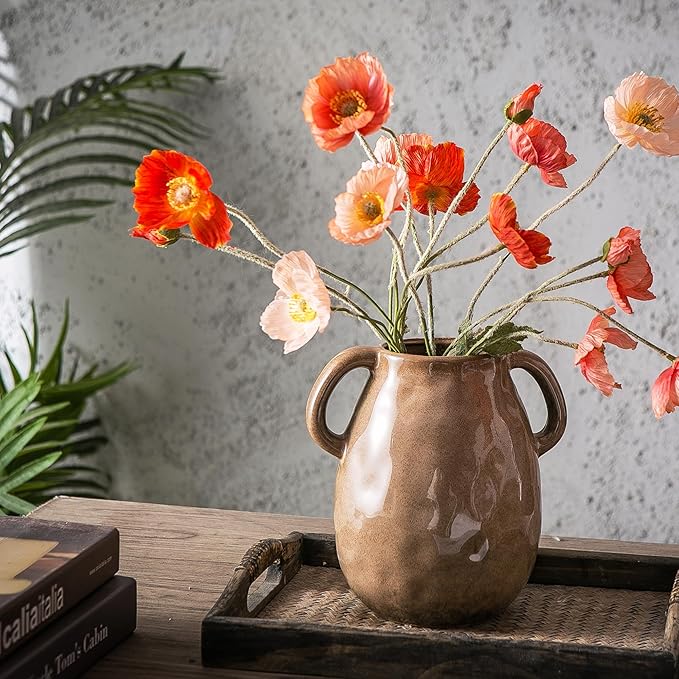 Kimdio Brown Ceramic Vase with 2 Handles, Modern Farmhouse Vase for Home Decor, Vintage Rustic Pottery Vase, Decorative Terracotta Vase, Clay Jug for Living Room Dining Table Shelf