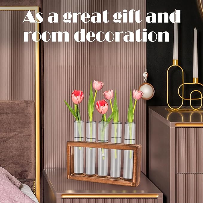 Desktop Glass Plant Propagation Station with 5 Test Tubes in Wooden Stand - Hydroponic Plants Cutting Office Home Decoration and Garden Decor Terrarium (5 Tubes)