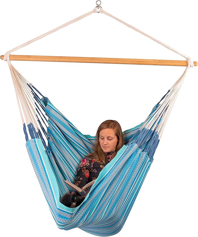 LA SIESTA Habana Hammock Chair, Indoor or Outdoor, Ideal for Sitting or Lying Down, Cotton Hammock, Patio, Swinging Chair, Boho, Max 355 Lbs, King, Azure
