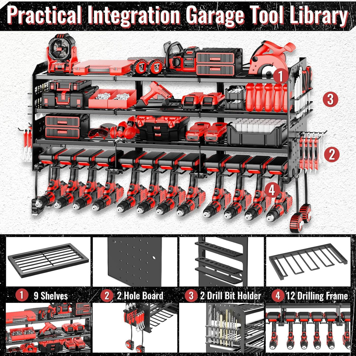 Large Power Tool Organizer Wall Mount-12 Drill Holder, Metal Heavy Duty Garage Tool Storage Shelves with Screwdriver Plier Holder, Gifts Idea for Men Dad Husband