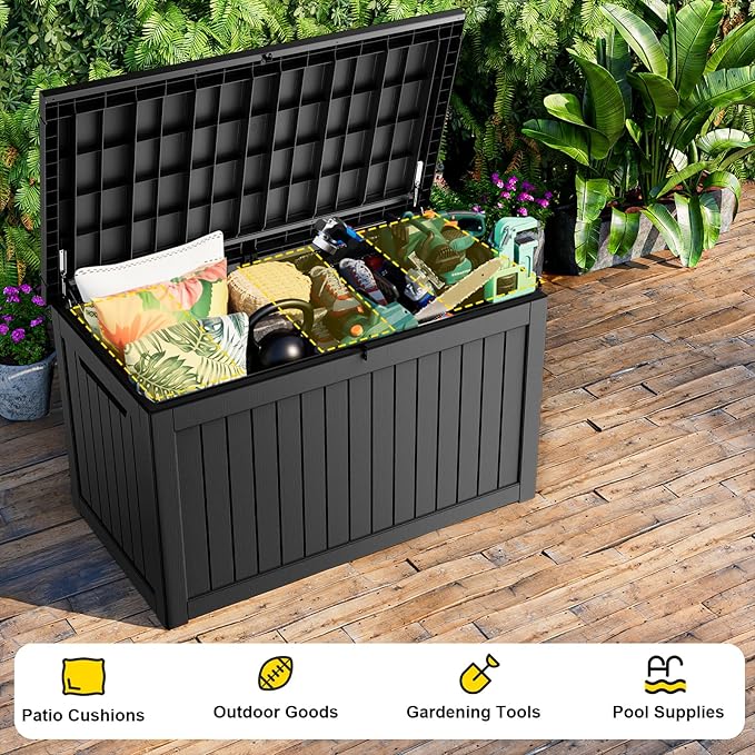230 Gallon Outdoor Deck Box,Storage Lockable Waterproof Patio Furniture,Garden Tools,Cushions,Pool Accessories Outside Storage Resin Box(Black)