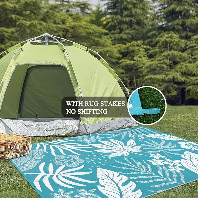 Pauwer Waterproof Outdoor Rug 5x8, Reversible Plastic Straw Patio Camping Rug, Indoor Outdoor RV Mat Carpet for Deck, Camper, Porch, Balcony, Backyard, Picnic, Floral Teal