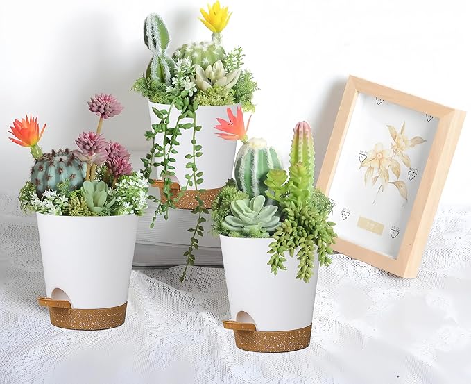 12 Pack 4 Inch Self Watering Plant Pots with Drainage and Saucers，Plastic Flower Pots for Indoor and Outdoor Plants, Nursery Planters for Houseplants and Herbs White Brown, 4 inch 12pcs