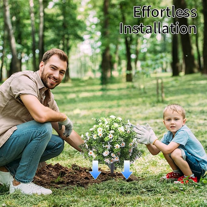 23.6" Artificial Boxwood Topiary Ball Trees with White Flowers, Set of 2 UV Resistant No Fade Outdoor Faux Plants with Ground Spike, Fake Shrubs for Garden, Patio, Porch, Yard, Indoor Decor